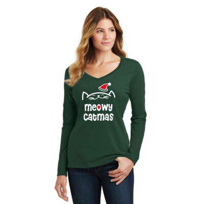 Meowy Catmas Ladies Long Sleeve V-neck T-shirt Thumbnail
